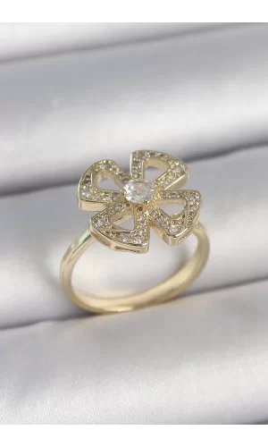 Pirinç Gold Renk Zirkon Taşlı Yonca Model Ayarlanabilir Kadın Yüzük