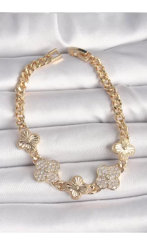 Pirinç Gold Renk Zirkon Taşlı Yonca Model Kadın Bileklik