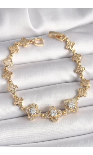 Pirinç Gold Renk Zirkon Taşlı Yonca Model Kadın Bileklik