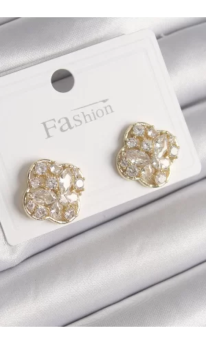 Pirinç Gold Renk Zirkon Taşlı Yonca Model Kadın Küpe
