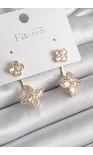 Pirinç Gold Renk Zirkon Taşlı Yonca Model Kadın Küpe