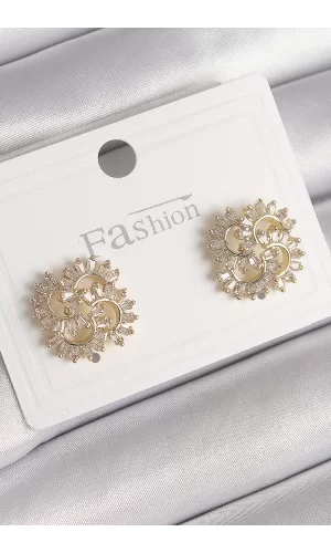Pirinç Gold Renk Zirkon Taşlı Yonca Model Kadın Küpe