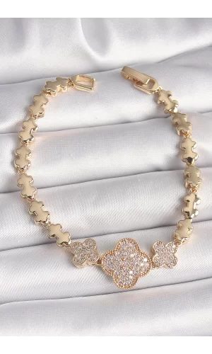 Pirinç Gold Renk Zirkon Taşlı Yonca Model Zincir Kadın Bileklik