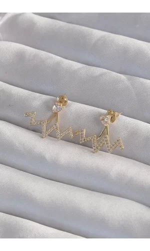 Pirinç Gold Renk Zirkon Taşlı Zikzak Küpe