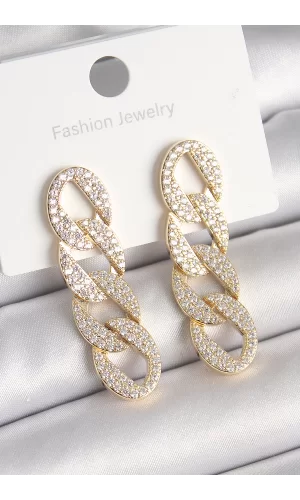 Pirinç Gold Renk Zirkon Taşlı Zincir Model Kadın Küpe