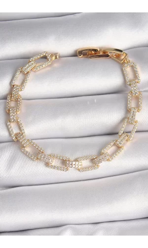 Pirinç Gold Renk Zirkon Taşlı Zincir Model VIP Seri Kadın Bileklik