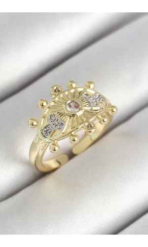 Pirinç Göz Figürlü Zirkon Taşlı Gold Renk Ayarlanabilir Kadın Yüzük
