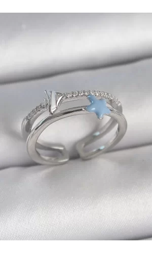 Pirinç Gümüş Renk 2Li Zirkon Taşlı Mavi Yıldız Figür Ayarlanabilir Kadın Yüzük