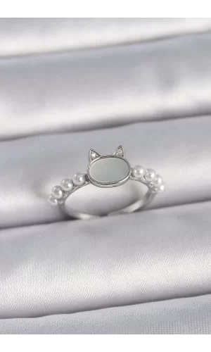 Pirinç Gümüş Renk Ayarlanabilir Beyaz Mineli Kedi Model İnci Detay Kadın Yüzük