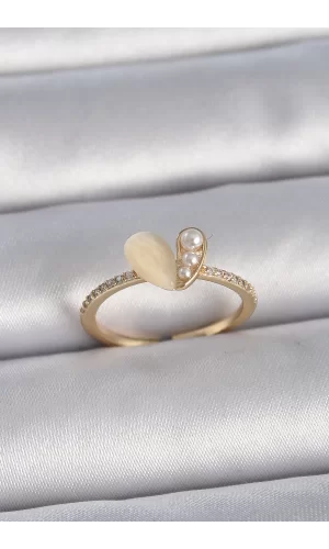 Pirinç Gümüş Renk Ayarlanabilir Zirkon Taşlı Beyaz Mineli Kalp Model Kadın Yüzük