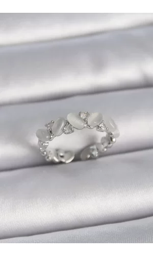 Pirinç Gümüş Renk Ayarlanabilir Zirkon Taşlı Beyaz Mineli Model Kadın Yüzük
