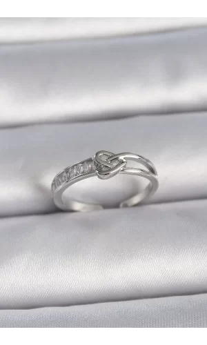 Pirinç Gümüş Renk Ayarlanabilir Zirkon Taşlı Düğüm Kalp Model Kadın Yüzük