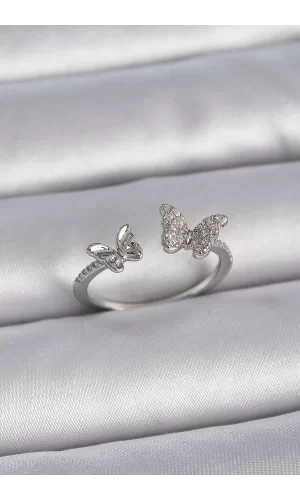 Pirinç Gümüş Renk Ayarlanabilir Zirkon Taşlı Kelebek Model Kadın Yüzük