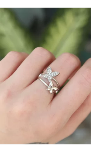 Pirinç Gümüş Renk Ayarlanabilir Zirkon Taşlı Kelebek Yüzük