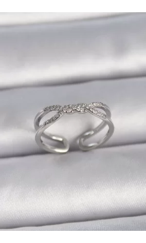 Pirinç Gümüş Renk Ayarlanabilir Zirkon Taşlı Sarmal Model Kadın Yüzük
