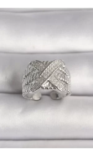 Pirinç Gümüş Renk Ayarlanabilir Zirkon Taşlı X Model Kadın Yüzük