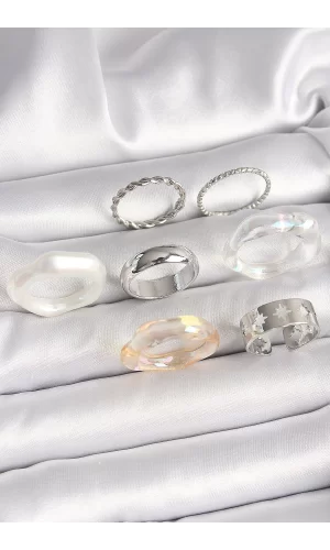Pirinç Gümüş Renk Beyaz Akrilik Plastik Model Kutup Yıldız İşleme Detaylı Kadın Yüzük Kombini