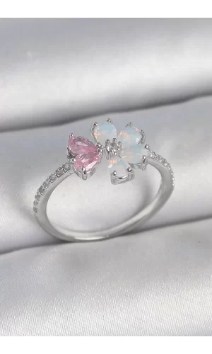 Pirinç Gümüş Renk Beyaz Mineli Pembe Zirkon Taşlı Çiçek Model Kadın Yüzük