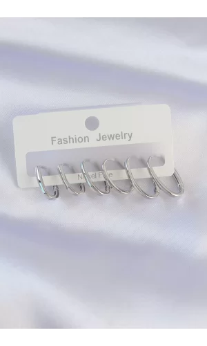 Pirinç Gümüş Renk İnce Oval Küpe Seti