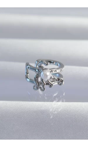 Pirinç Gümüş Renk İncili Ahtapot Earcuff Küpe