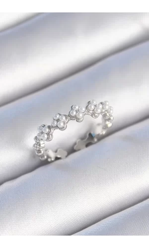 Pirinç Gümüş Renk İncili Yonca Model Kadın Yüzük