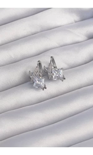 Pirinç Gümüş Renk İri Zirkon Taşlı Kıvrımlı Minimal Kelebekli Halka Küpe