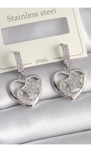 Pirinç Gümüş Renk Kalp Model Zirkon Taşlı Ay Yıldız İşlemeli Kadın Küpe