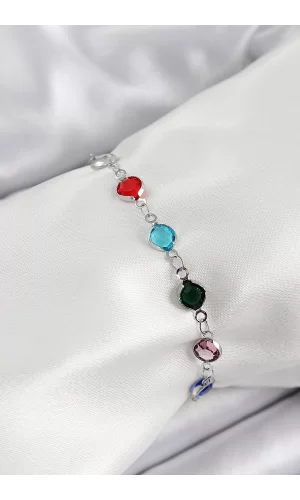 Pirinç Gümüş Renk Karışık Renk Zirkon Taşlı Kadın Bileklik