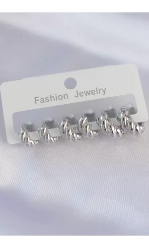 Pirinç Gümüş Renk Minimal Tırtıklı Küpe Seti