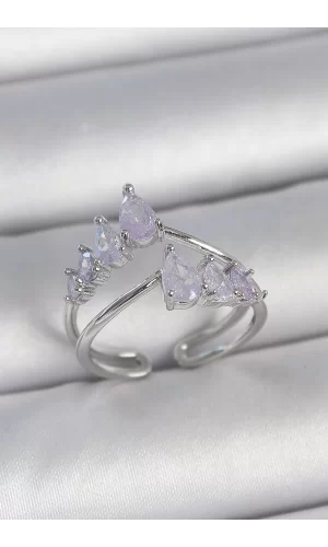 Pirinç Gümüş Renk Mor Damla Zirkon Taşlı Taç Model Kadın Yüzük
