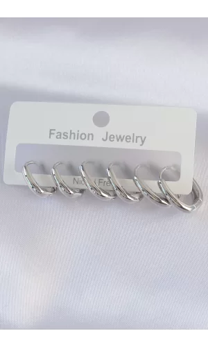 Pirinç Gümüş Renk Oval Küpe Seti