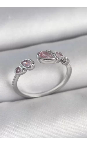 Pirinç Gümüş Renk Pembe Damla Zirkon Taşlı Ayarlanabilir Model Kadın Yüzük