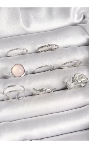 Pirinç Gümüş Renk Pembe Mineli Kemer Düğüm Figür Kadın Yüzük Kombini
