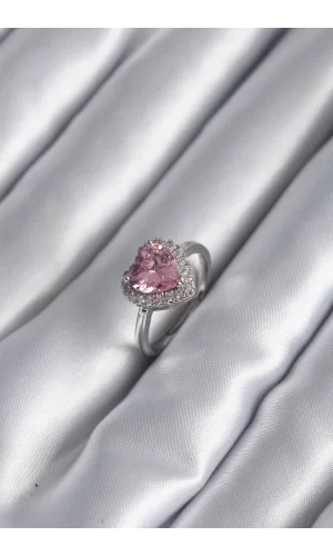 Pirinç Gümüş Renk Pembe Zirkon Taş Kalp Charm Model Kadın Yüzük