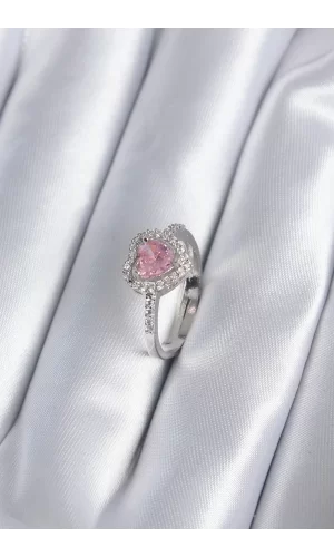 Pirinç Gümüş Renk Pembe Zirkon Taş Kalp Charm Model Kadın Yüzük