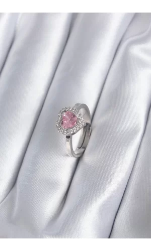 Pirinç Gümüş Renk Pembe Zirkon Taşlı Charm Model Kadın Yüzük