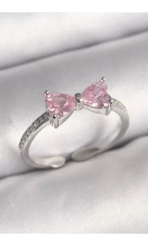 Pirinç Gümüş Renk Pembe Zirkon Taşlı Kalp Fiyonk Model Kadın Yüzük