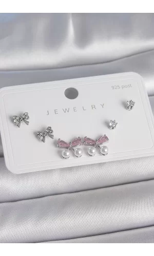 Pirinç Gümüş Renk Pembe Zirkon Taşlı Kurdele Model İnci Detay 925 Ayar Gümüş Çivi Kadın Küpe Seti