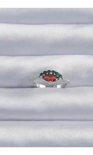 Pirinç Gümüş Renk Renkli Zirkon Taşlı Ayarlanabilir Karpuz Model Yüzük