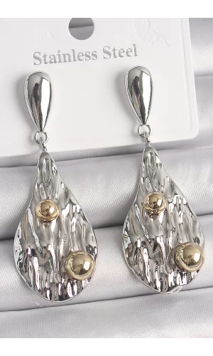 Pirinç Gümüş Renk Sallantı Damla Model Gold Topçuk Detay Kadın Küpe