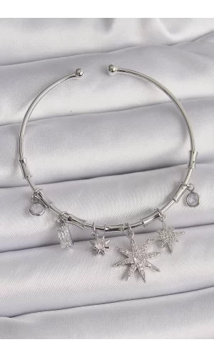 Pirinç Gümüş Renk Sallantı Zirkon Taşlı Kutup Yıldız Figür Charm Bileklik