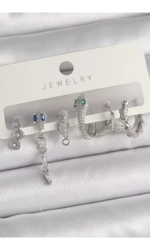 Pirinç Gümüş Renk Sallantı Zirkon Taşlı Yılan Model Kadın Küpe Seti