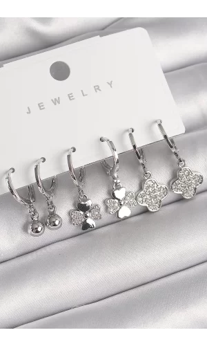 Pirinç Gümüş Renk Sallantı Zirkon Taşlı Yonca Model Topçuk Detay Kadın Küpe Seti