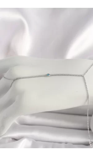 Pirinç Gümüş Renk Su Yolu Zirkon Taşlı Mavi Taş Detaylı Kadın Şahmeran