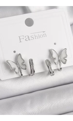 Pirinç Gümüş Renk Zirkon Taş Detaylı Beyaz Sedefli Kelebek Model Kadın Küpe
