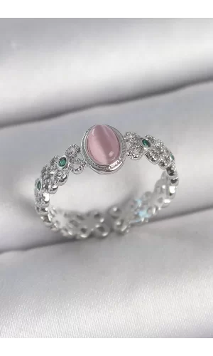 Pirinç Gümüş Renk Zirkon Taş Detaylı Pembe Mineli Damla Model Ayarlanabilir Kadın Yüzük