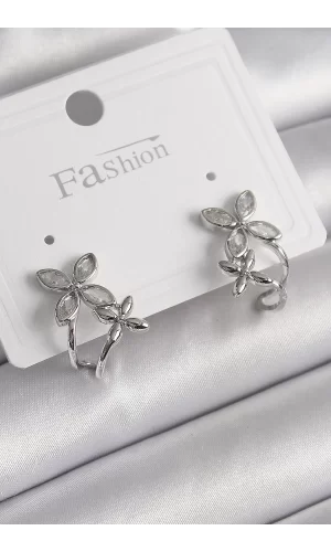 Pirinç Gümüş Renk Zirkon Taşlı 2Li Çiçek Model Kadın Küpe
