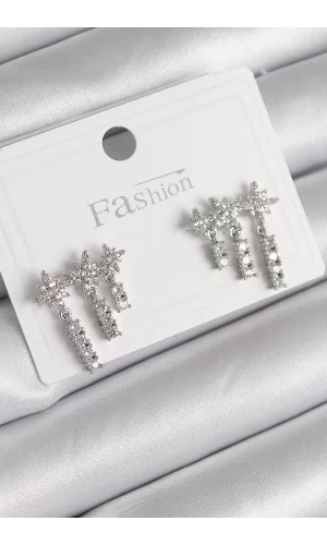 Pirinç Gümüş Renk Zirkon Taşlı 3Lü Sallantı Yıldız Model Kadın Küpe