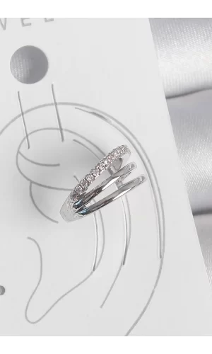 Pirinç Gümüş Renk Zirkon Taşlı 3Lü Sıralı Model Kadın Kıkırdak Küpe