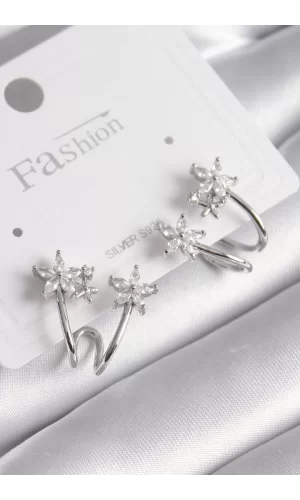 Pirinç Gümüş Renk Zirkon Taşlı Çiçek Model Kadın Küpe